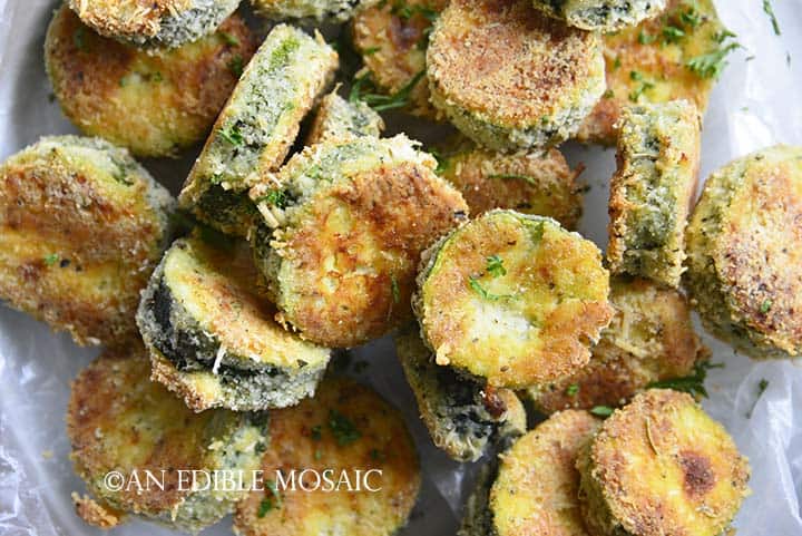 Close Up Overhead View of Keto Crispy Baked Zucchini Slices