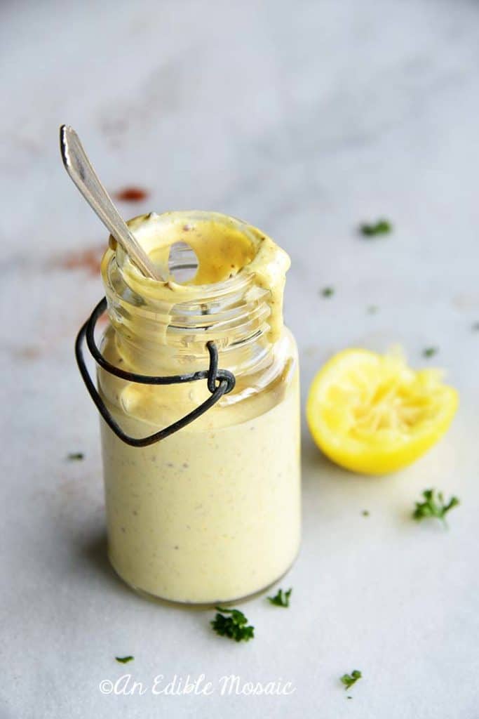 Front View of Low Carb Honey Mustard Dressing on White Marble Counter