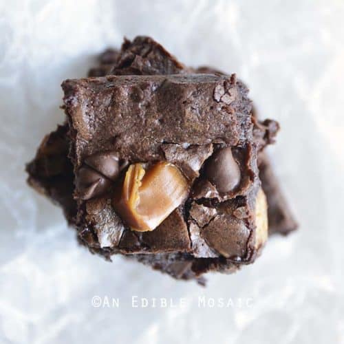 Overhead View of Turtle Brownies on White Wax Paper