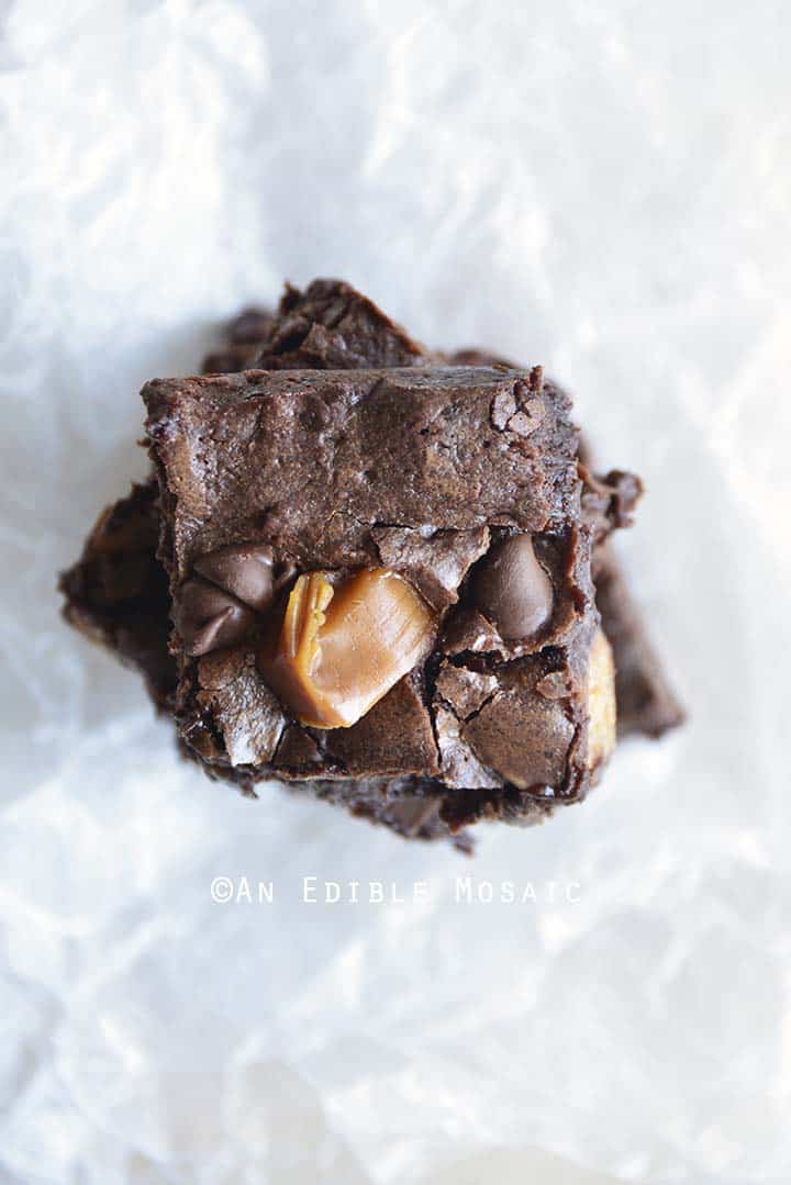 Overhead View of Turtle Brownies on White Wax Paper