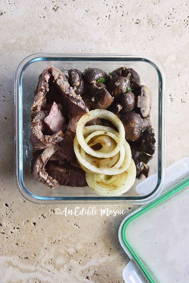 Leftover Steak Mushrooms and Onions in Meal Prep Container