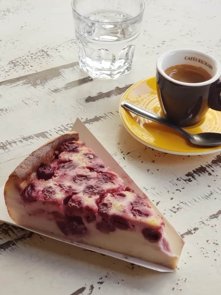 Clafoutis on Light Yellow Table with Espresso