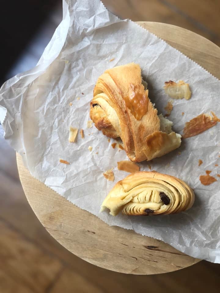 Pain au Chocolat on Parchment Paper on Wooden Table