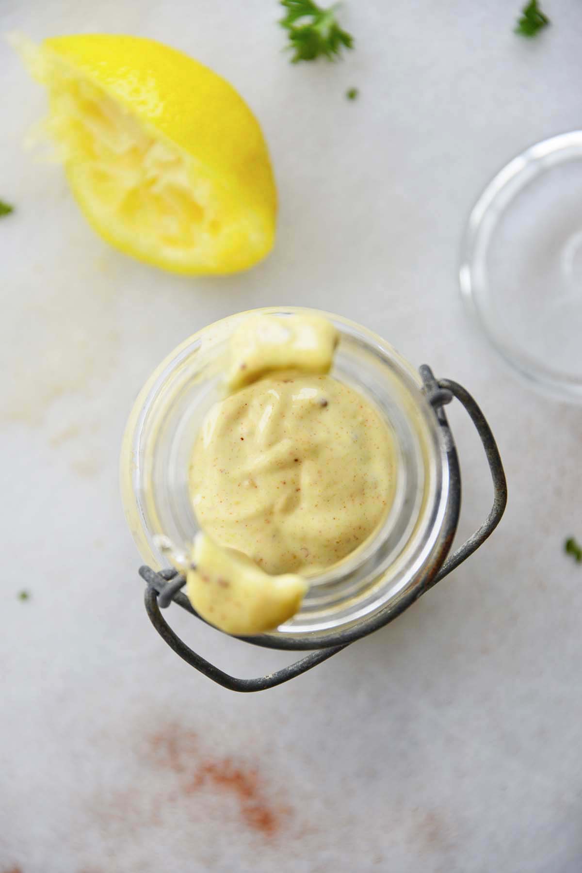 top view of honey mustard sauce in glass jar