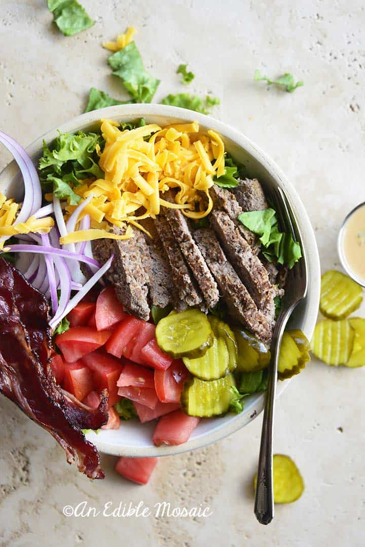 Close Up Top View of Cheeseburger Salad Bowl