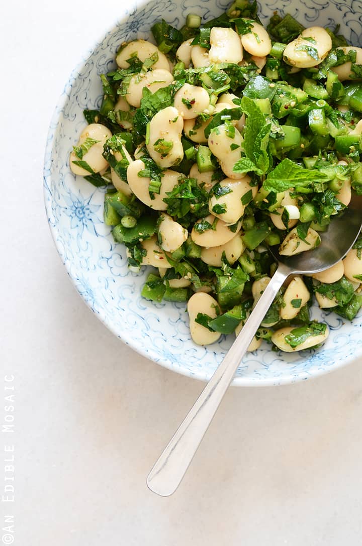Za’atar and Mint Butter Bean Salad {Vegan} in Blue and White Bowl