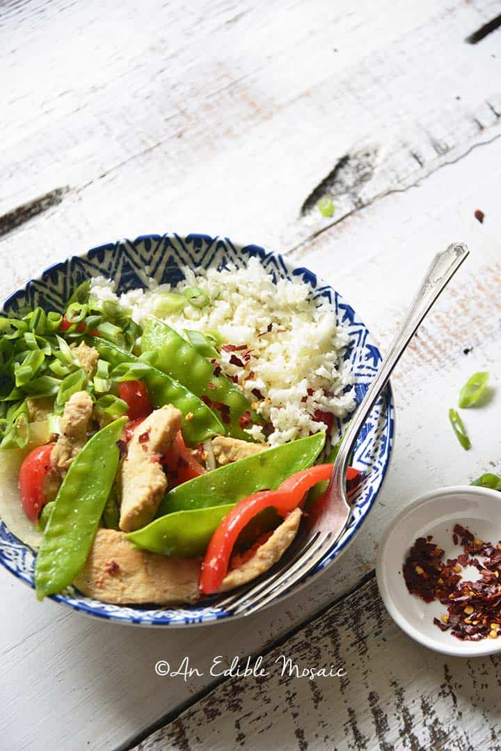 Healthy Sweet and Sour Chicken Stir Fry Recipe in Blue and White Bowl