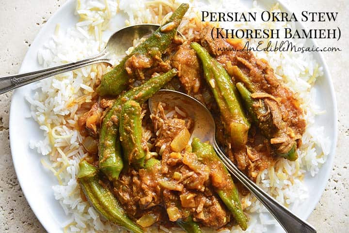 Persian Okra Stew (Khoresh Bamieh) on White Plate with Description