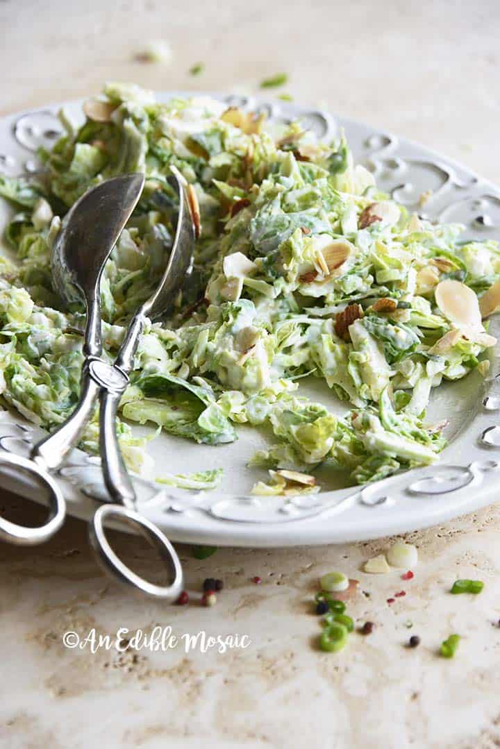 Front View of Creamy Brussels Sprouts Salad on Serving Plate