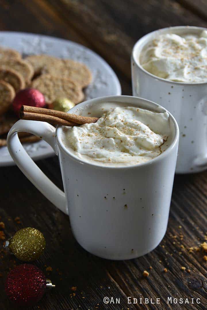 Eggnog Lattes in Festive White Mugs