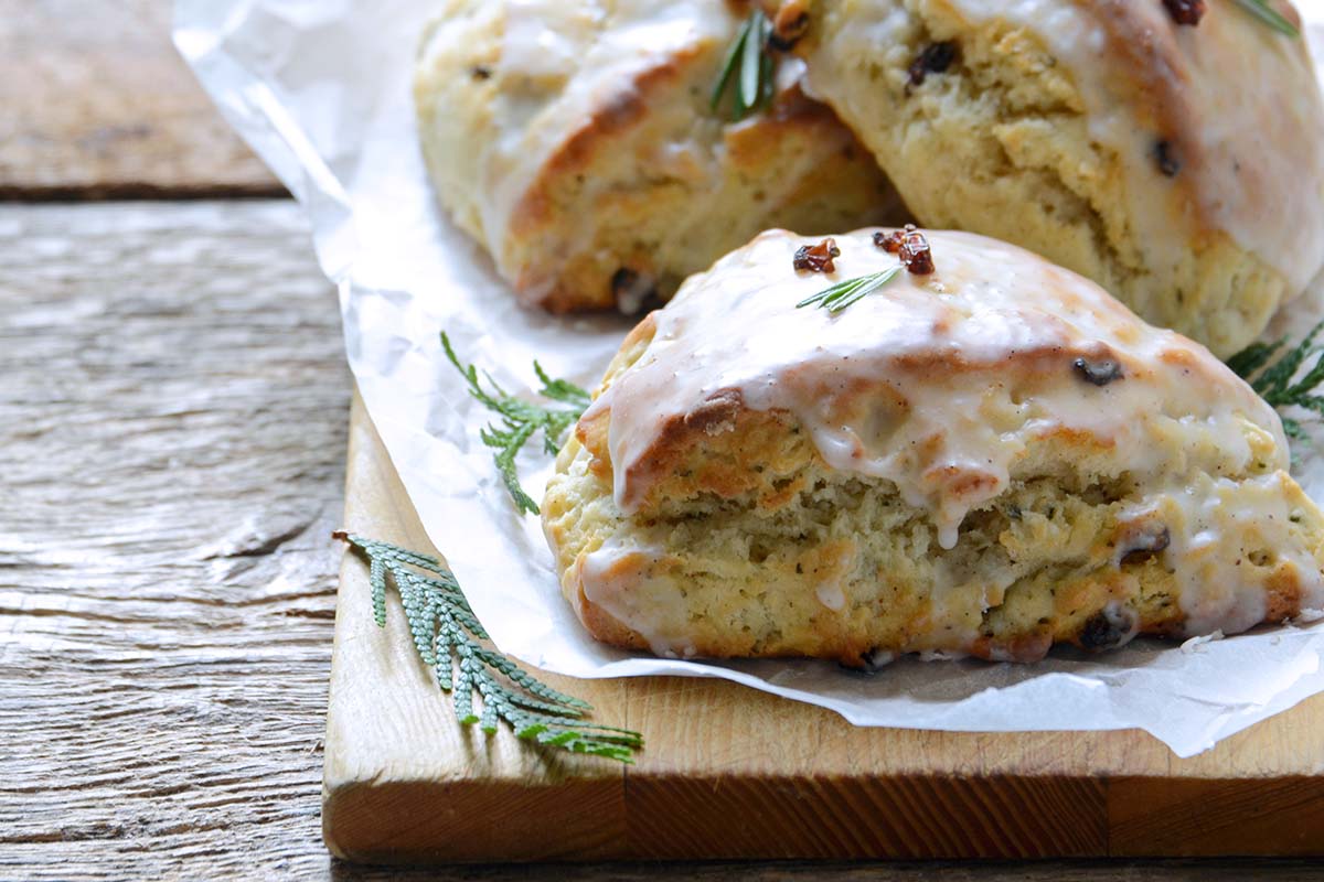 homemade glazed cranberry rosemary vanilla scones for christmas