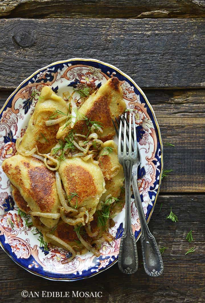 Keto Pierogi Recipe with Mushroom Filling on Flowered Platter with Vintage Forks