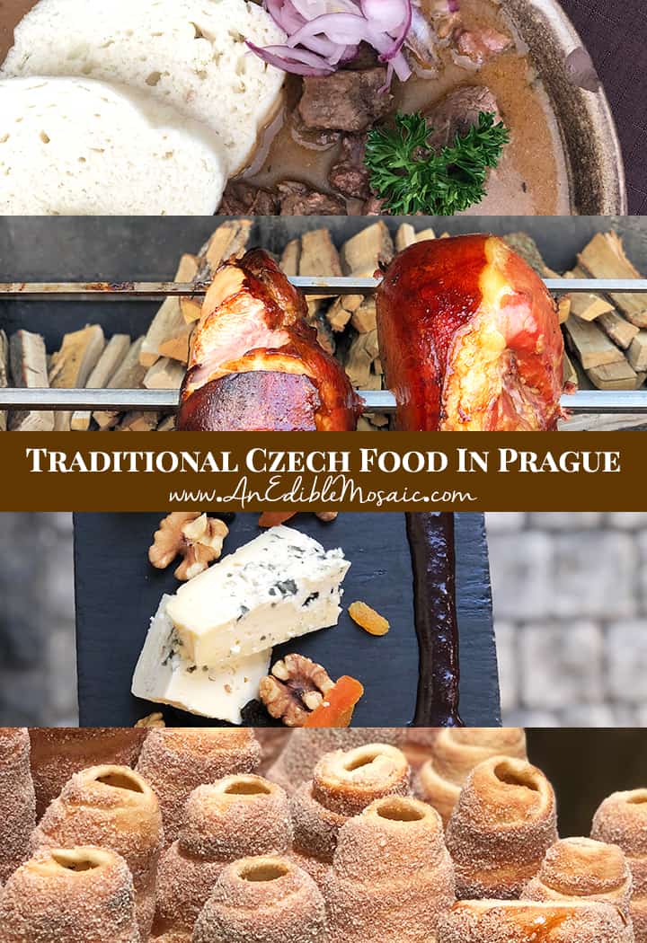 Traditional Czech Food in Prague with Goulash Pork Knuckle Niva Cheese and Chimney Cake Pin