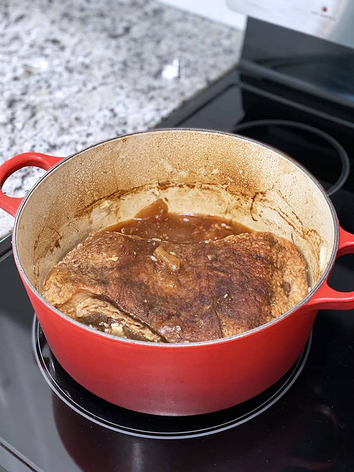 Brisket in Dutch Oven After Fat is Removed