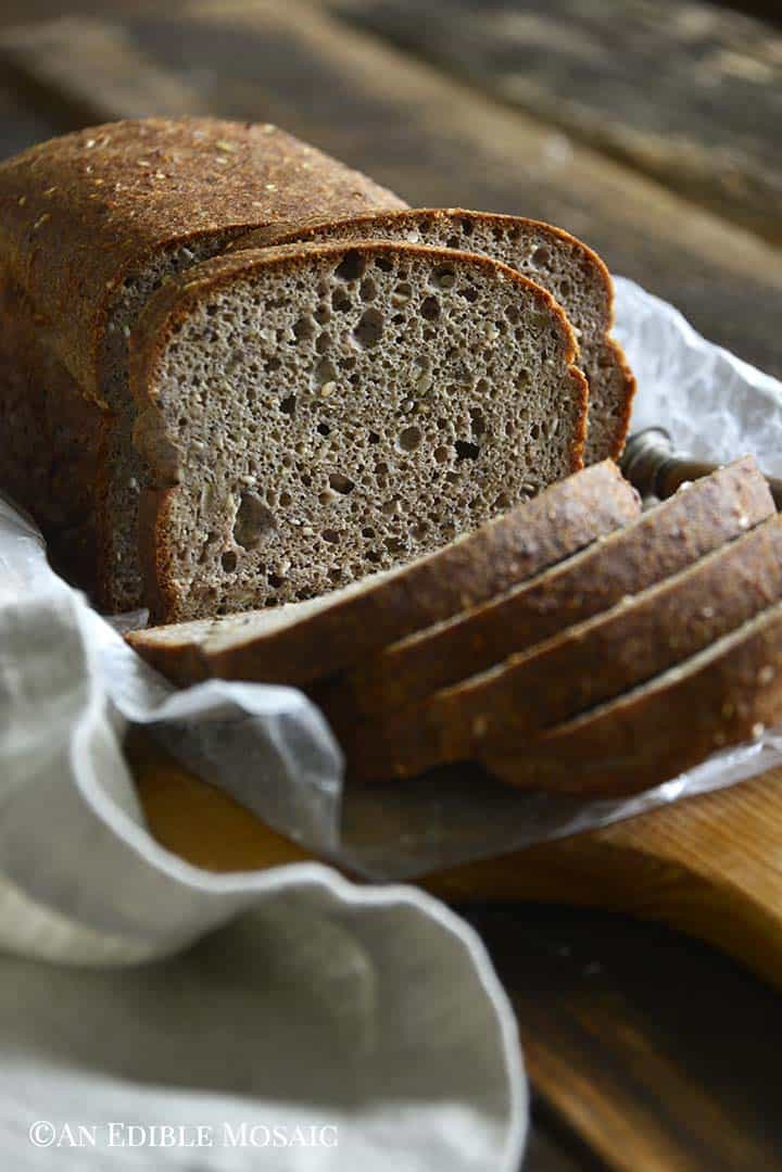 Keto Bread Recipe with Yeast Front View Showing Slices and Interior of Bread