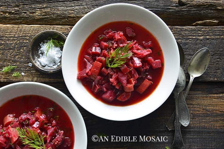 Vegetarian Borscht Recipe in White Soup Bowls with Vintage Spoons