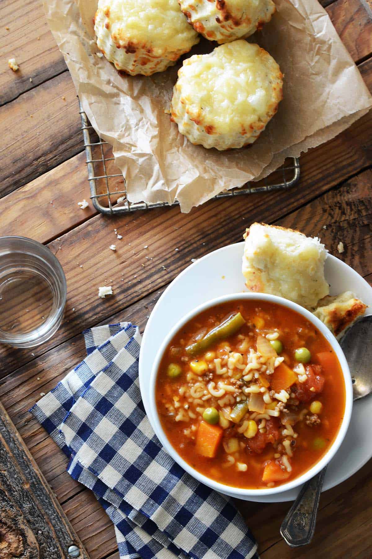 letters soup with ground beef and vegetables served with savory scones