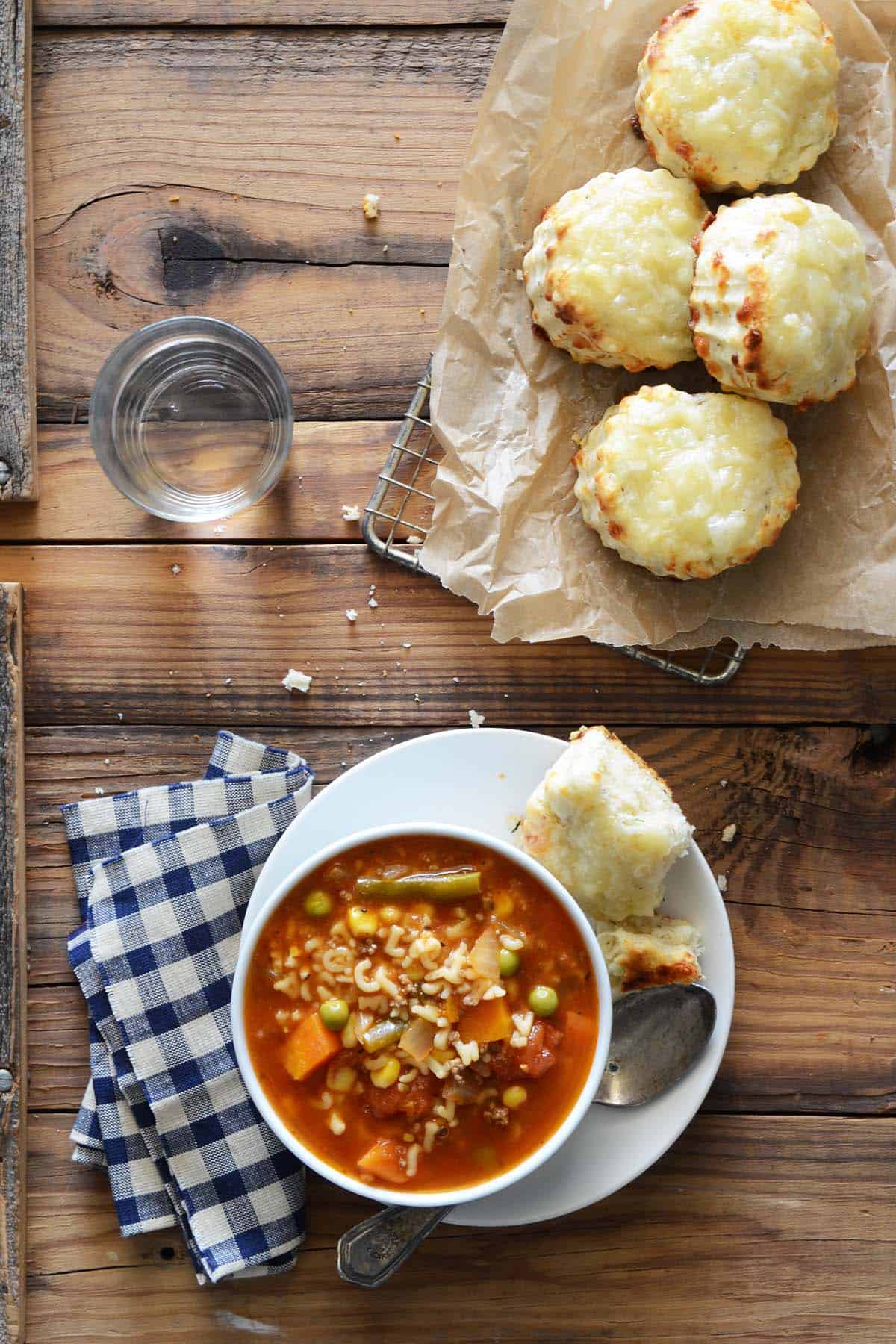 spread of soup dinner with cheese scones