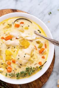 close up top view of bowl of new england fish chowder featured image