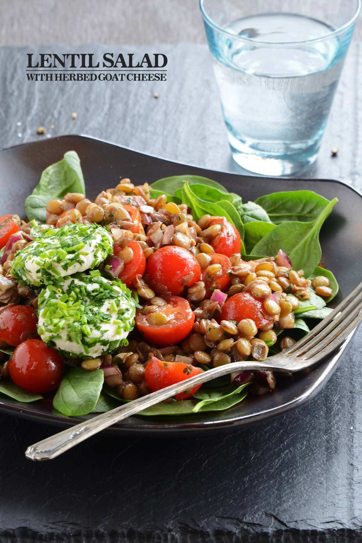 easy lentil salad recipe with herbed goat cheese pin