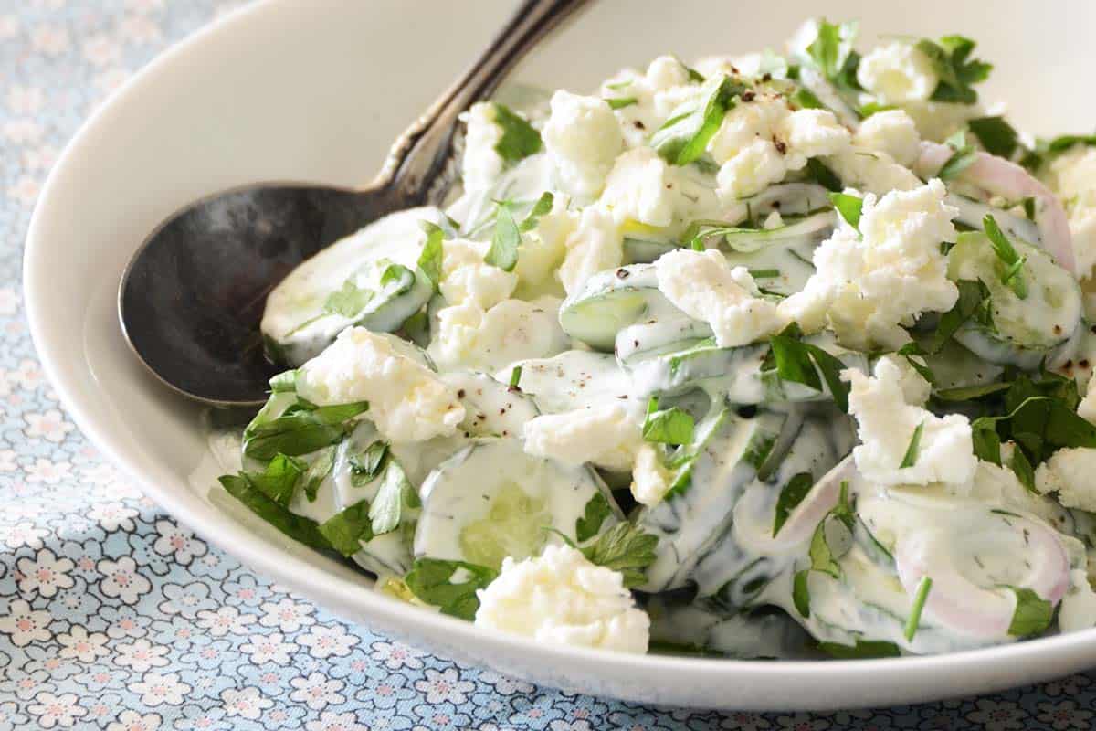 close up front view of cucumber salad