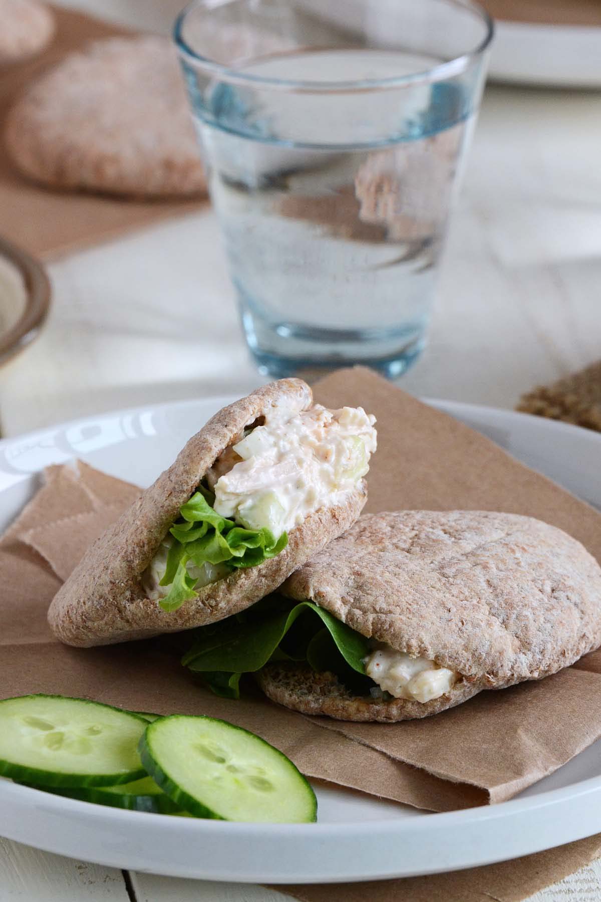 creamy shredded chicken salad stuffed in pita