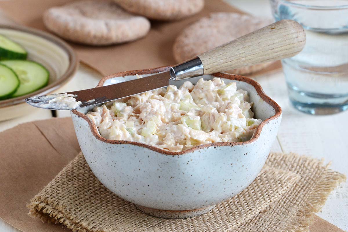 white bowl with homemade chicken salad