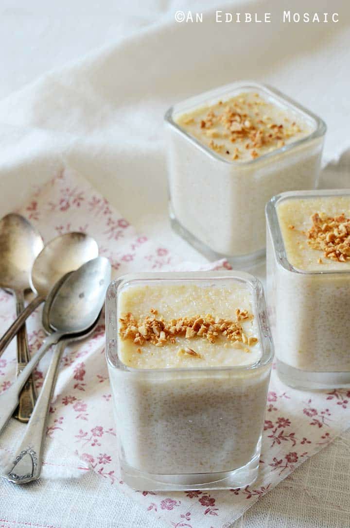 Front View of Brown Rice Pudding Recipe in Individual Glass Dish