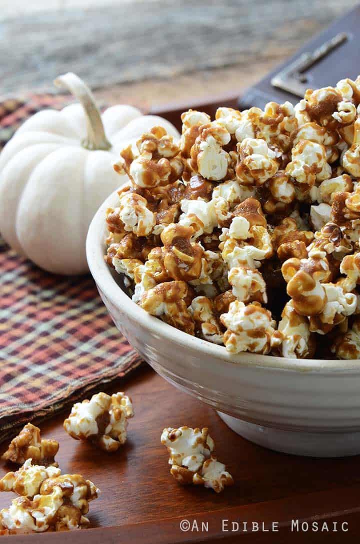 Close Up Front View of Harry Potter Butterbeer Popcorn Recipe in White Bowl