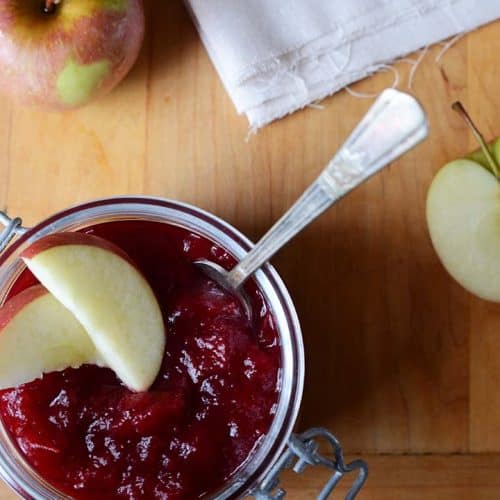 Homemade Apple Cranberry Sauce Overhead View on Wooden Table