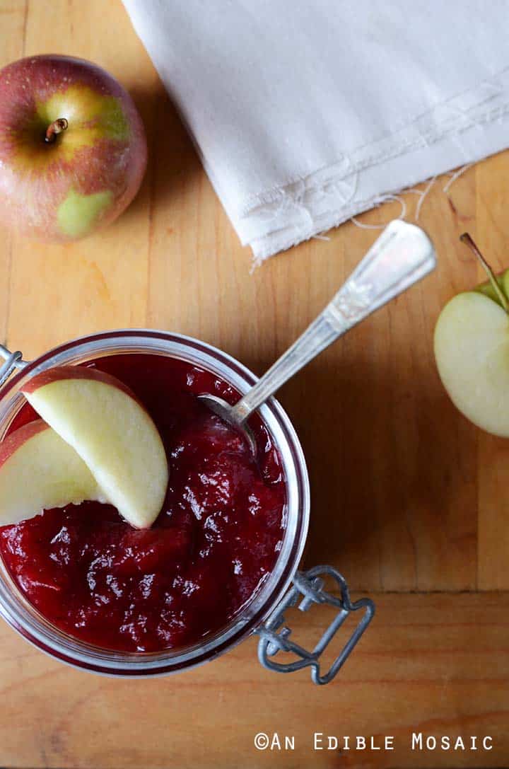 Homemade Apple Cranberry Sauce Overhead View on Wooden Table