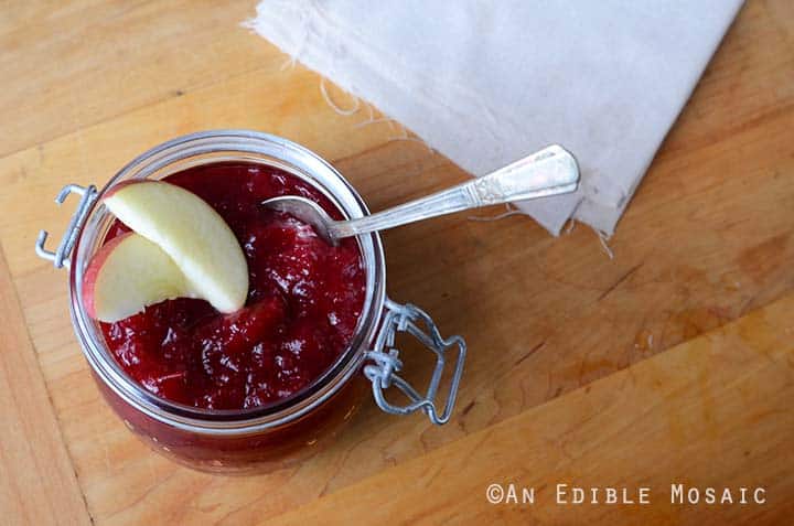 Apple Cranberry Sauce Recipe with Linen on Wood Table