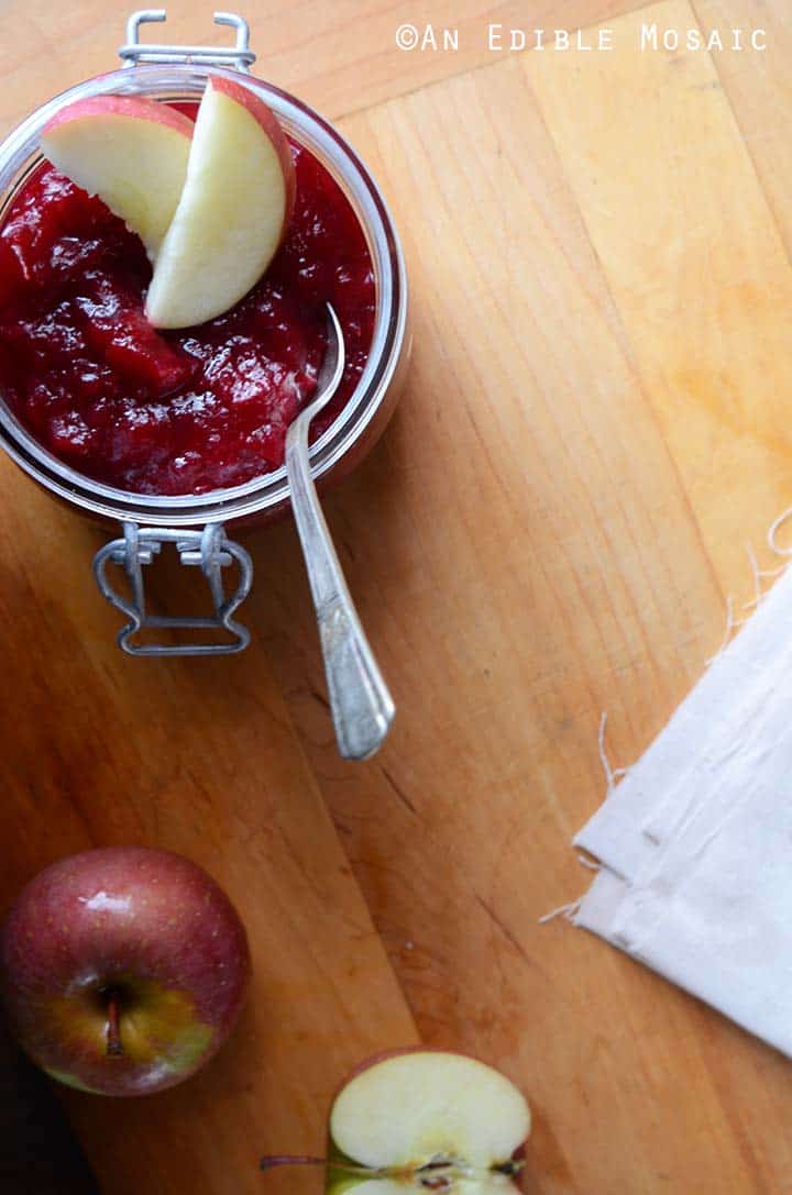 Cranberry Apple Sauce with Fresh Apple on Wood Table