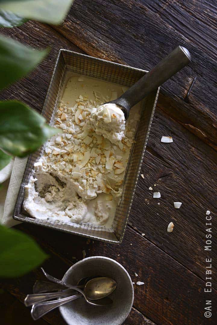 Top View of Vegan Coconut Ice Cream Recipe with Vintage Spoons in Bowl