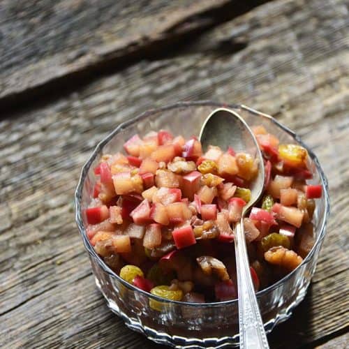 Apple Chutney Recipe in Glass Bowl with Vintage Spoon