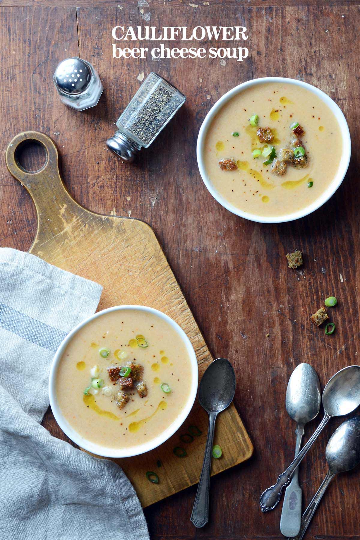 cauliflower beer cheese soup recipe pin