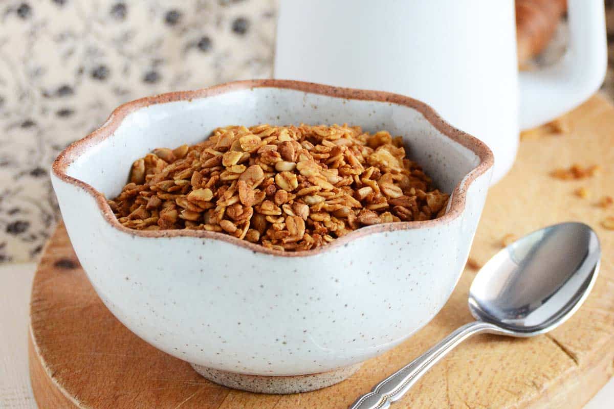 front view of bowl of homemade pumpkin spice granola