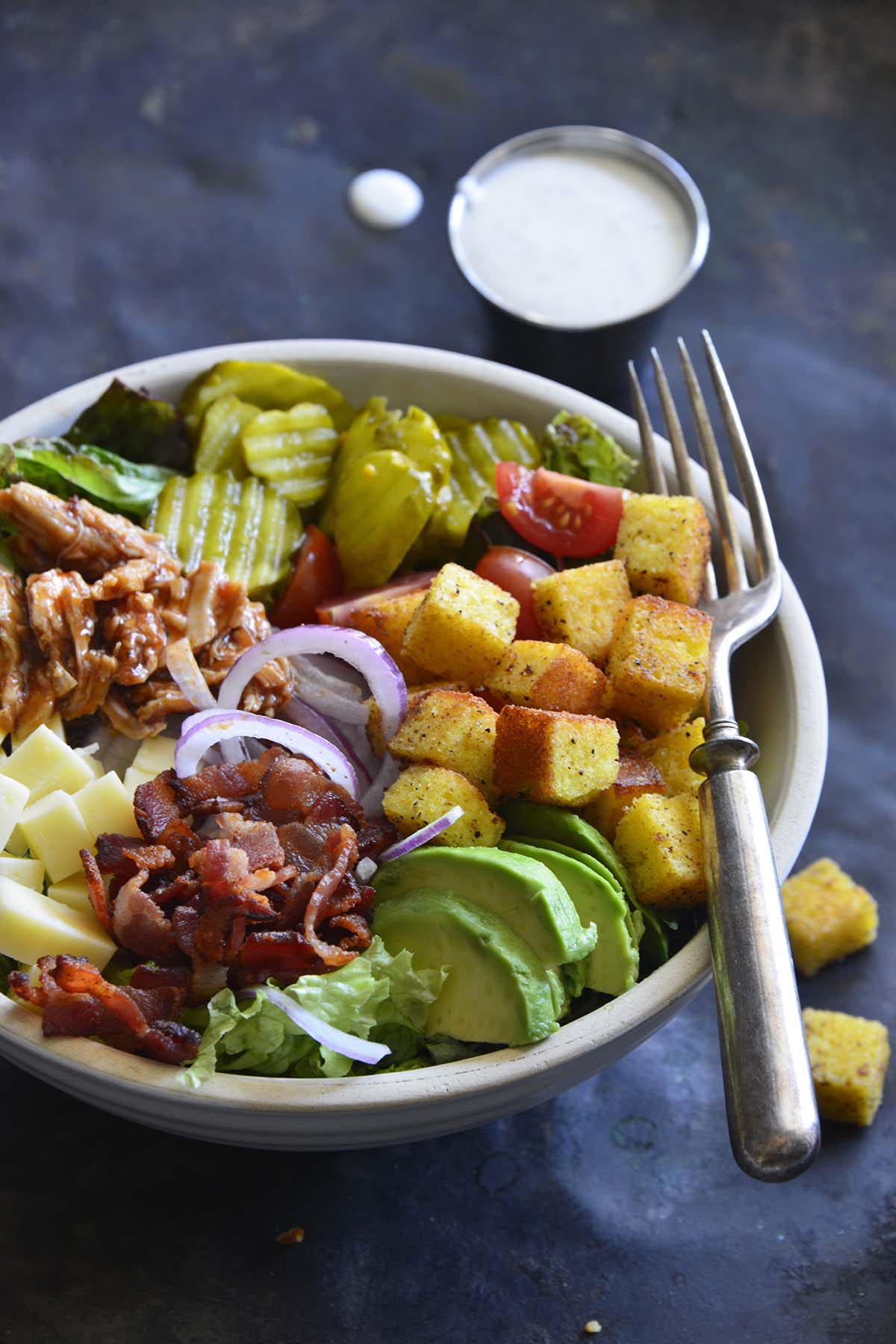 low carb barbecue chicken salad with bacon and cheese