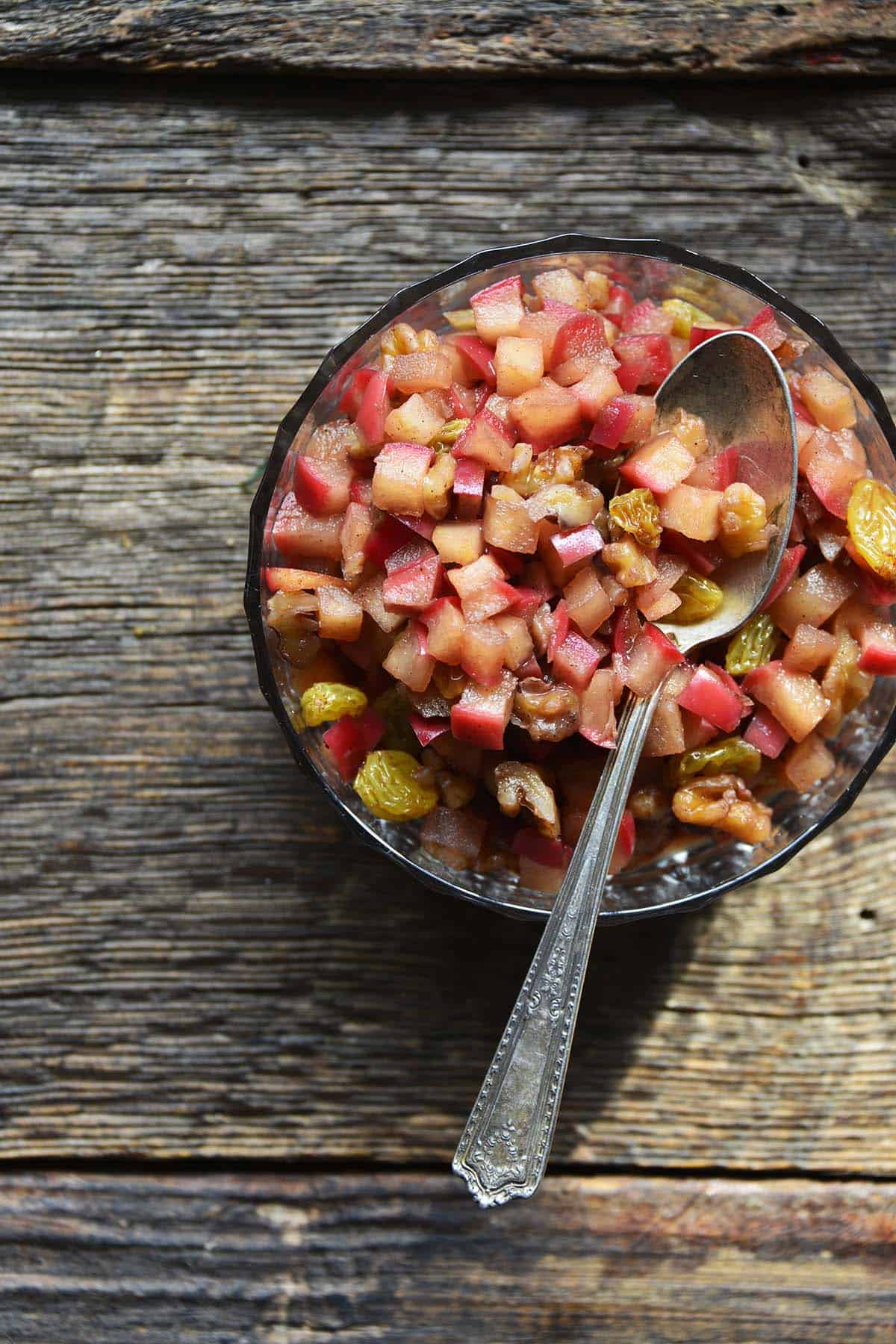 overhead view of easy apple chutney recipe in glass bowl