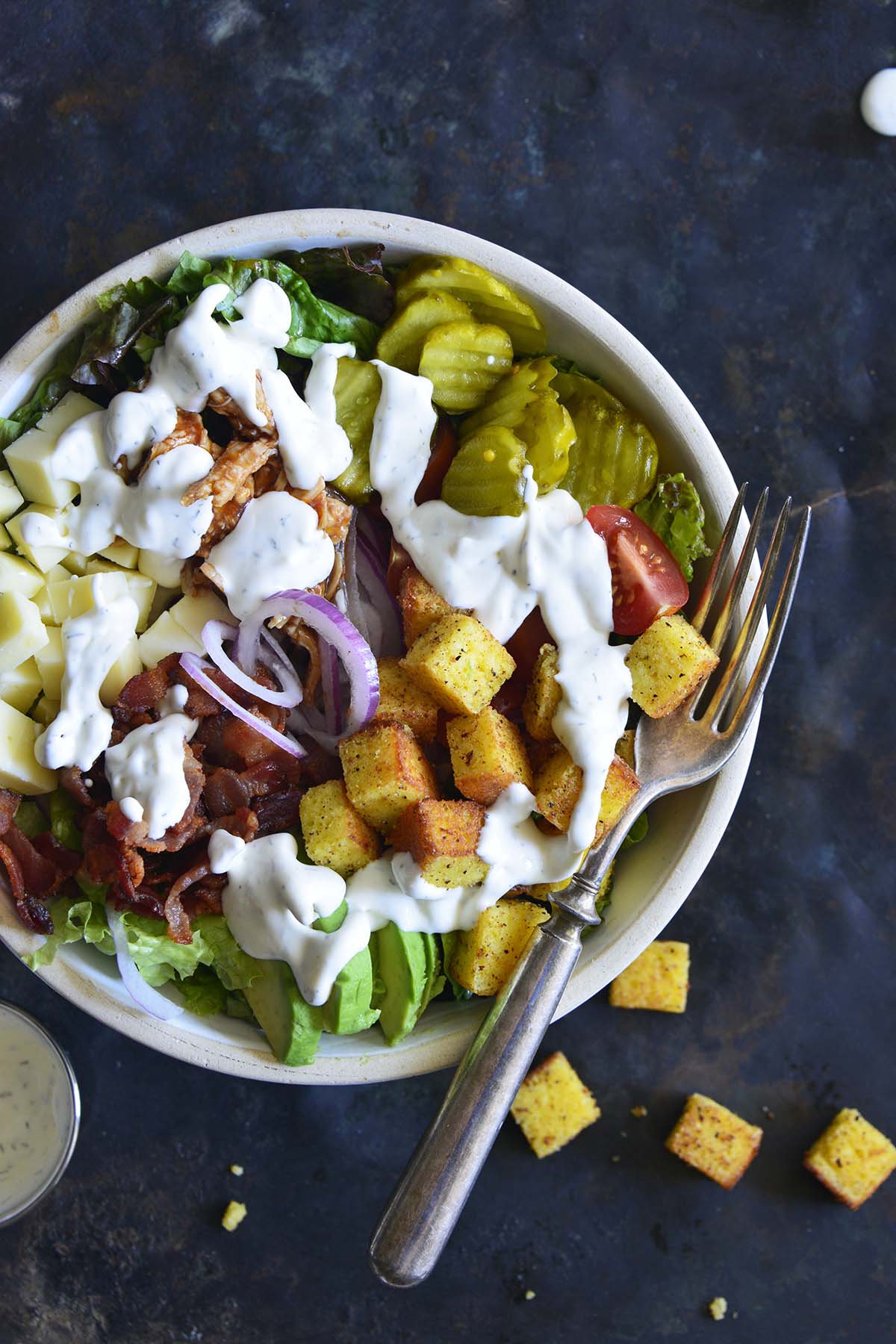 top view of keto bbq chicken salad bowl with creamy dressing