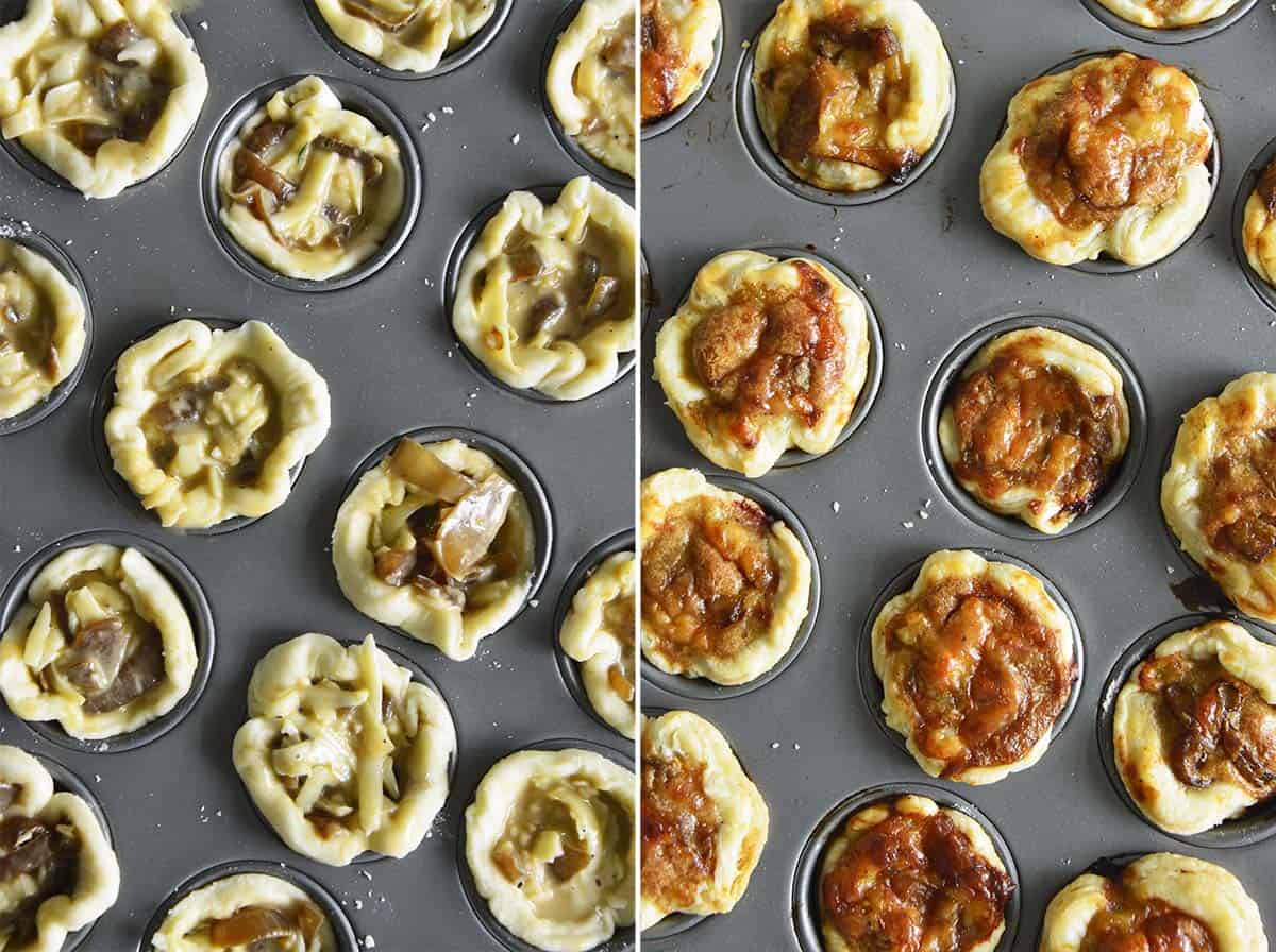 caramelized onion tartlets before and after baking
