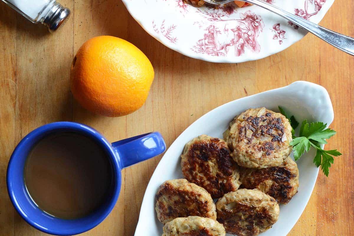 top view of homemade breakfast sausage with coffee