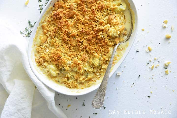 Cauliflower and Cheese Gratin on White Table