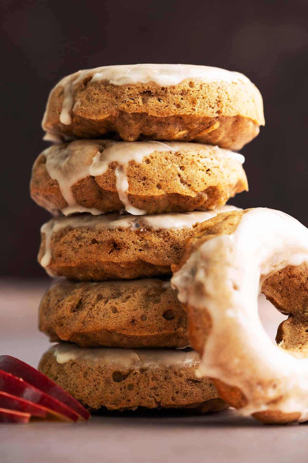 close up front view of stack of easy baked apple cider donuts