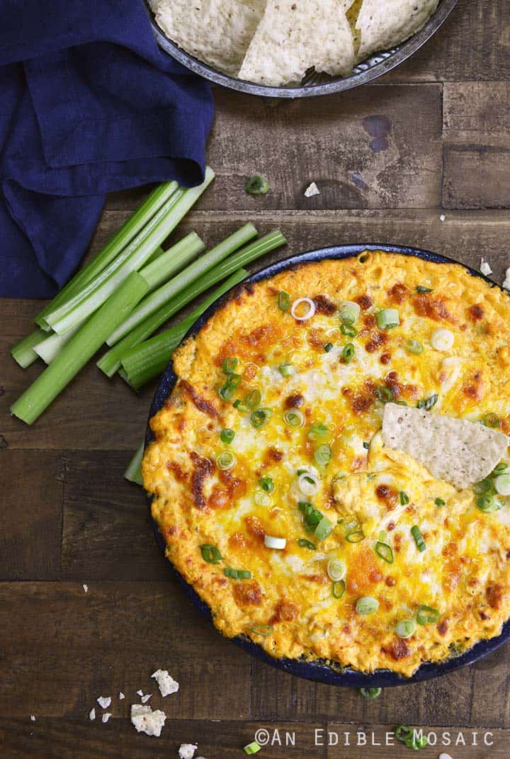 Easy Buffalo Chicken Dip with Celery Sticks and Tortilla Chips