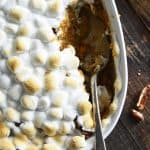 Top View of Southern Sweet Potato Casserole in White Dish