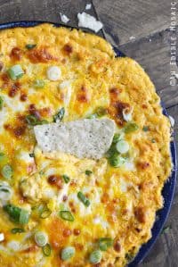 The Best Buffalo Chicken Dip in Pan with Tortilla Chip