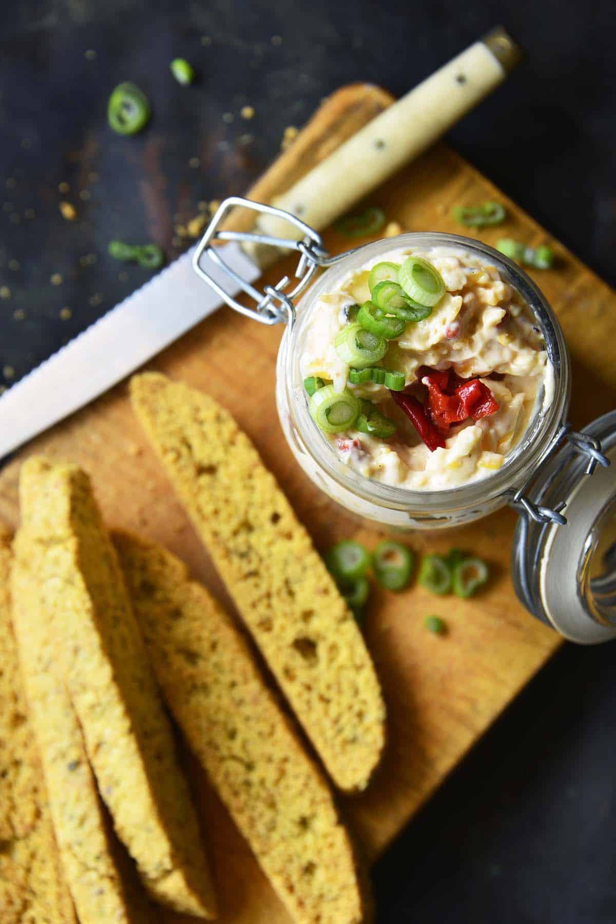 overhead view of savory keto biscotti served with pimento cheese spread