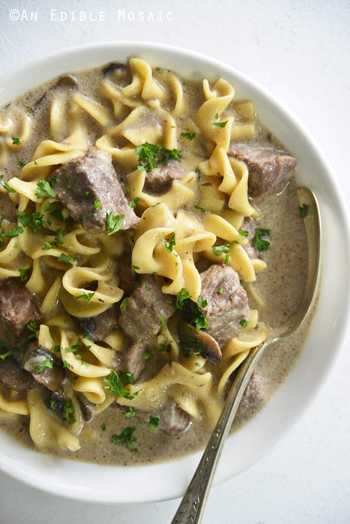 Beef Stroganoff in White Bowl with Spoon