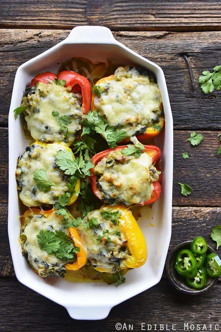 Keto Stuffed Peppers Recipe Top View in Dish on Wooden Table